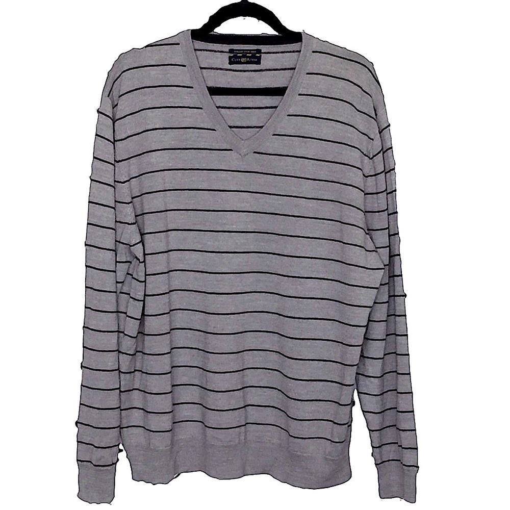 CLUB Room Gray Striped V Neck Sweater Size Large